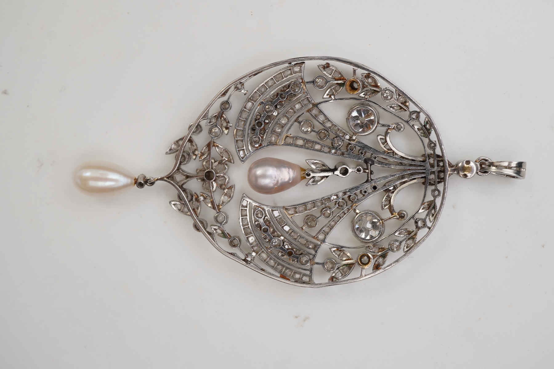 A fine Belle Epoque natural pearl and diamond pendant, circa 1910